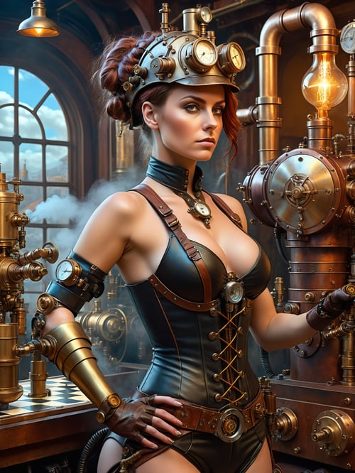 A digital painting depicting a 30yo woman living in the steam-punk world maintaining humanity, chessboard brain, steam punk, a world where man and machinery are melded through steampunk, chessboard mind, body armor, repurposed muscles, enhanced sensory organs, enhanced limbs, armor made from steampunk materials, high definition, volumetric lighting, intelligent cyborg, high visual impact
