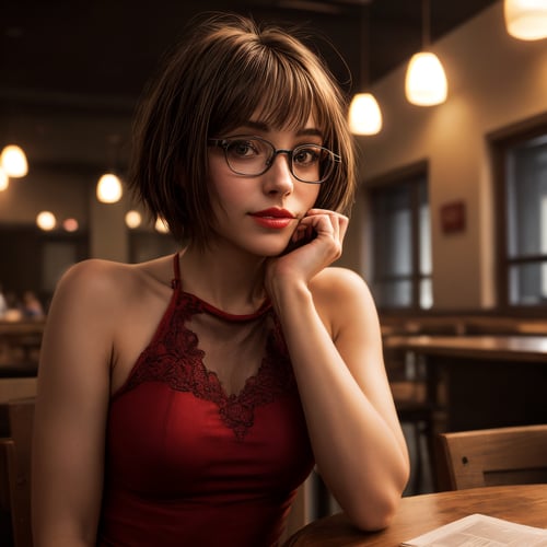 A close-up photo of a young,  nerdy woman sitting in a caf,   surrounded by a cozy atmosphere,  looking at the viewer. short hair,  slender,  red lips,  transparent fabric,  flirting with the camera