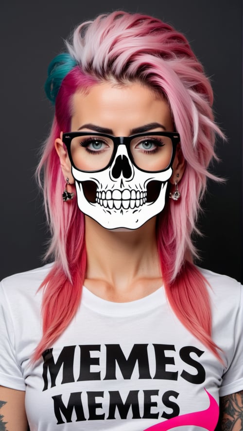 photograph of a beautiful punk woman, "Memes" t-shirt logo with skull design, pink hair, nerdy,