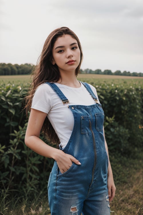 closeup portrait, professional photo, front lit natural lighting, upper body, facing viewer, beautiful thin woman wearing denim overalls, standing straight up outside on a farm, vivid colors, Sexy Pose