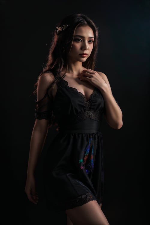 (best quality, highres, masterpiece:1.2), ultra-detailed, realistic:1.37, HDR, velvet black lace dress, graceful floating, mesmerizingly ethereal, delicate movement, ethereal lighting, enchanting atmosphere, portrait, professional, vivid colors, soft focus, elegant beauty, dark background, Sexy Pose