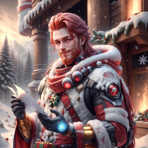 <lora:add_detail:0.8>,<lora:XmasTech-20:0.8>, scifi, XmasTech,gold ,holding a scroll, 1boy,long hair, red hair, glowing eyes, smile ,closed mouth, holding scroll,shaved beard, outdoors,