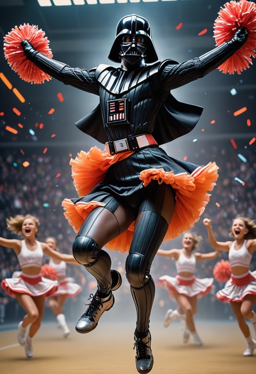 action shot, cinematic still, cinematic color Darth Vader as a Cheerleader, lifting pompoms into the air, jumping excitedly with friends, canon 5d mark 4, neon light, Kodak Ektar, art by J.C. Leyendecker