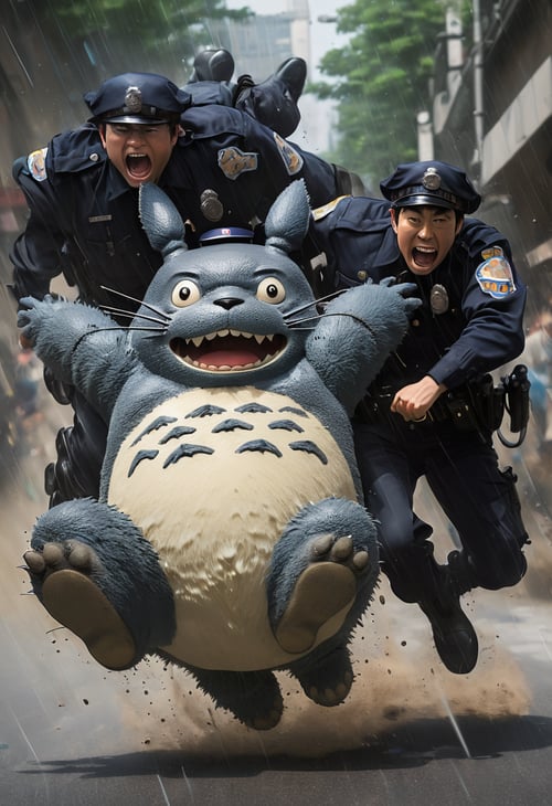 Action shot. Two cops arresting Totoro,  art by Studio Ghibli