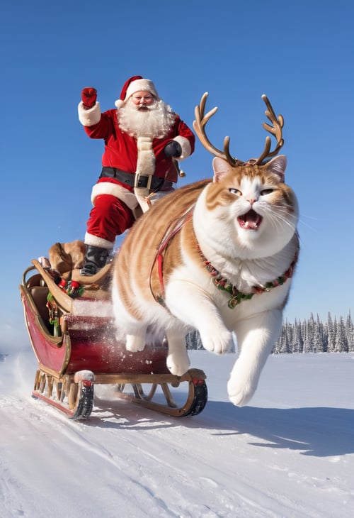 animal (cat:1.5) skiing, santa cart, snow explosion, action shot, wearing santa cloth, sunlight, wide angle, (tail:1.3) , fat cat wearing deer cosplay, reindeer_sleigh, fat,  8k, F2.8, RAW Photo, ultra detailed, real life  , Dressed animals page,reindeer_sleigh,fat