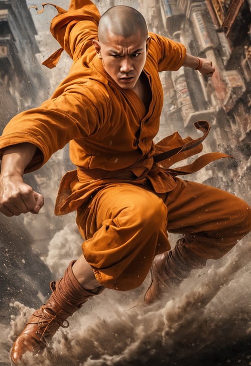 Action shot, Shaolin monk hyper-detailed, make a superpower fist and destroys the world, cinematic 8k