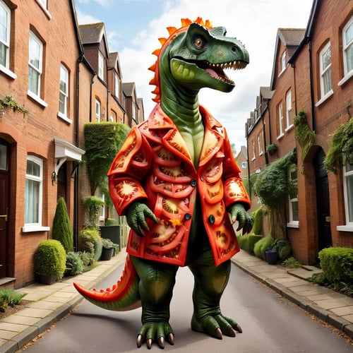 masterpiece, best quality, dinosaur wearing tmts coat, outdoor, UK residential street <lora:tmts:0.8>
