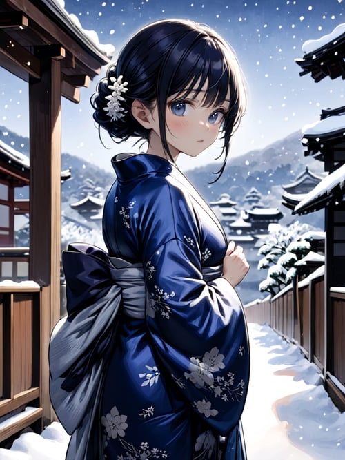 //Quality,
(masterpiece), (best quality), 8k illustration,
,//Character,
1girl, solo, 
,//Fashion,
details (dark blue silk brocade kimono)
,//Background,
Kyoto, outdoors, winter, snow
,//Others,
goodbye,