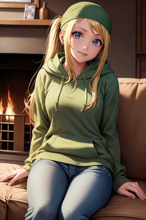 masterpiece, best quality, <lora:winry-nvwls-v1-000008:0.8> winry rockbell, earrings, green bandana, green hoodie, jeans, couch, sitting, fireplace, winter, indoors, looking at viewer, smile