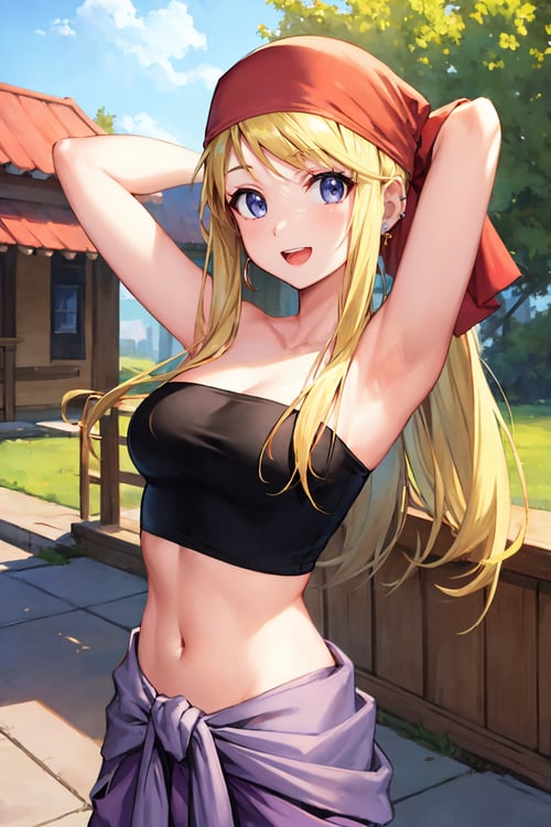 masterpiece, best quality, <lora:winry-nvwls-v1-000008:0.8> winry rockbell, earrings, red bandana, black tube top, strapless, midriff, clothes around waist, purple pants, :D, arms behind head, looking at viewer, outdoors, house, fist