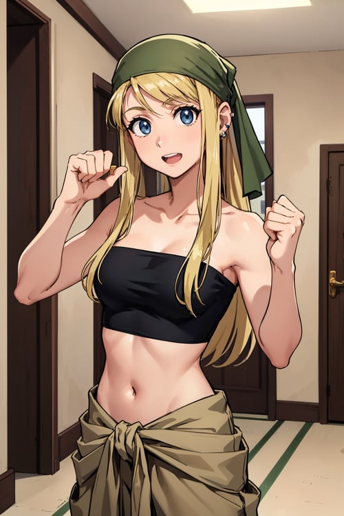masterpiece, best quality, <lora:winry-nvwls-v1-000008:0.8> winry rockbell, earrings, green bandana, black tube top, strapless, midriff, clothes around waist, beige pants,  cowboy shot, looking at viewer, :D, fists, hands up, excited, hallway, indoors