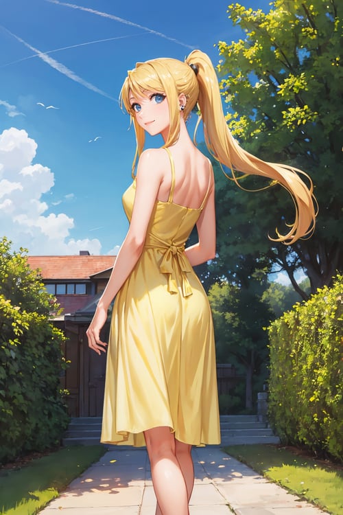 masterpiece, best quality, <lora:winry-nvwls-v1-000008:0.8> winry rockbell, earrings, ponytail, (yellow sundress:1.3), from behind, garden, blue sky, clouds, smile