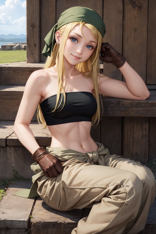 masterpiece, best quality, <lora:winry-nvwls-v1-000008:0.8> winry rockbell, earrings, green bandana, black tube top, strapless, midriff, clothes around waist, beige pants, brown gloves, sitting, stairs, sky, clouds, looking at viewer, smile, from side