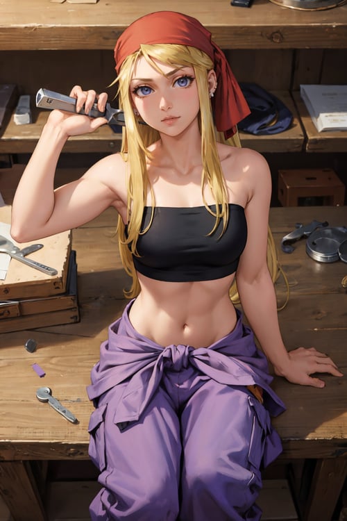 masterpiece, best quality, <lora:winry-nvwls-v1-000008:0.8> winry rockbell, earrings, red bandana, black tube top, strapless, midriff, clothes around waist, purple pants, furrowed brow, sitting, stool, workshop, from above, holding wrench