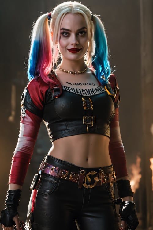 (Create an exceptional masterpiece) featuring ((Margot Robbie as Harley Quinn)) in her portrayal from ((Suicide Squad)). The image should be ((true to reality)) and depict her ((full body)) in an engaging ((Action Pose)). Ensure a ((sharp focus)) on the subject with volumetric lighting, providing ((good highlights)) and well-defined shadows. Incorporate subsurface scattering for a realistic touch. The scene should be intricately designed and ((highly detailed)), drawing inspiration from the ((Vikings series)). Adopt a ((cinematic)) and ((dramatic)) style, with the ((highest quality)) granted, marking it as a ((masterpiece: 1.5)). Additionally, emphasize the photorealistic aspect with a weight of ((fotorrealista: 1.5)). Use a Nikon camera with ((natural lighting)) and shoot in ((4K)) for the ((highest definition))