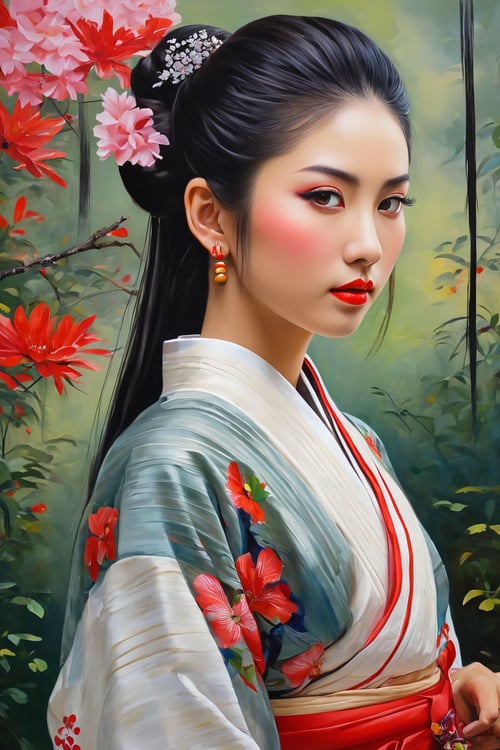 girl, beautiful detailed eyes, beautiful detailed lips, extremely detailed eyebrows and face, long eyelashes, stripe bead necklace, black hair styled in a spiked ponytail, wearing a simple kimono with red open clothes. The artwork is created using oil paint on canvas, with high resolution and ultra-detailed brushstrokes. The painting showcases a picturesque garden scene with vibrant colors and vivid flowers in full bloom. The girl is depicted standing gracefully amidst the floral landscape, her posture conveying a sense of tranquility and elegance. The lighting in the painting is soft and ethereal, casting gentle shadows on the girl's face and adding depth to the overall composition. The color palette is dominated by various shades of red, creating a warm and inviting atmosphere. The art style blends elements of traditional Japanese art with a touch of contemporary flair, resulting in a captivating fusion of East-meets-West aesthetics