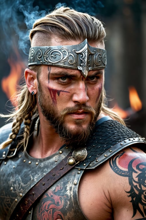portrait, viking warrior, man, warrior face paintings and blood, detailed eyes, shallow depth of field, vignette, highly detailed, high budget Hollywood film, (best quality, 4k, 8k, highres, masterpiece:1.2), ultra-detailed, (realistic, photorealistic, photo-realistic:1.37), HDR, UHD, studio lighting, ultra-fine painting, sharp focus, physically-based rendering, extreme detail description, professional, vivid colors, bokeh, portraits, war paint, fierce expression, metal armor, weathered look, bearded, strong physique, intense gaze, androgynous, scar on face, battle scars, broad shoulders, ornate helmet, ancient runes, beads in hair, smoke in background, sword in hand, shield, stoic expression, wind-swept hair, roaring warrior, muscular build, heroic stance, foreboding atmosphere, dramatic lighting, gritty texture, contrasting shadows, fire in the eyes, tribal tattoos, swirling mist, ferocious demeanor, commanding presence, secrets in the eyes, warrior symbol, weathered background, weather-beaten face