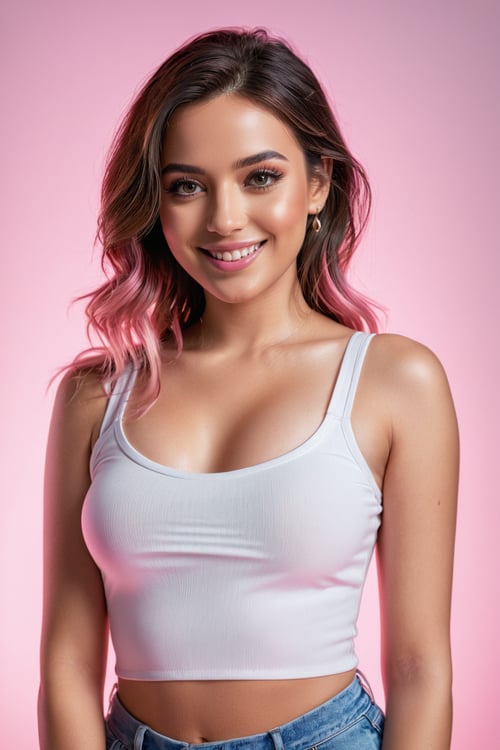 (best quality, 4k, 8k, highres, masterpiece:1.2), ultra-detailed, (realistic, photorealistic, photo-realistic:1.37), woman, full body, detailed face and hand, beautiful detailed eyes, cute smile, trendy instagram influencer, wearing a fashionable white and pink top, studio lighting