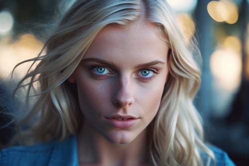 cinematic film still With her blonde hair and blue eyes,22 years old, she was the epitome of individuality in a sea of conformity. happy, captured on a sony A6000, shallow depth of field, vignette, highly detailed, high budget Hollywood film, bokeh, cinemascope, moody, epic, gorgeous, film grain