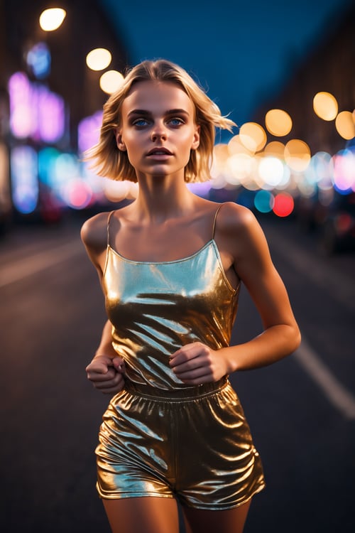 Extremely beautiful 22yo girl runing,(Extremely cure beauty:1.2),highly clear face,Night noise city road,very cute,phenomenal aesthetic,Amazing photos,Cinematic Lighting,Clear perfect eyes,light gold short hair,bokeh,Sexy self-confidence,proud and independent,NSFW,flowing light and colorful colors,