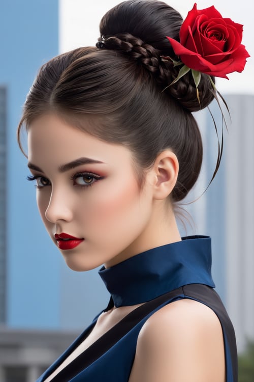 (correct proportions:1.2), (mysterious high school girl:1.3), Experience the beauty of a high school girl with brown-black hair and fair skin, her black eyes reflecting confidence and power. Her hair is elegantly coiled into a bun, adorned with a hairpin featuring a red rose, a blue butterfly, and a white rabbit. The scene is captured with billboard-quality precision, emphasizing correct proportions and creating a mysterious and atmospheric aesthetic.