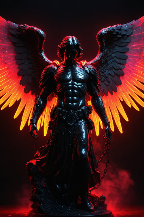 (best quality,4k,8k,highres,masterpiece:1.2),ultra-detailed,(realistic,photorealistic,photo-realistic:1.37),illustration,dark silhouette of a rotten archangel man,ghostly figure,neon lights,light particles,colorful,red,black colors,strong backlighting