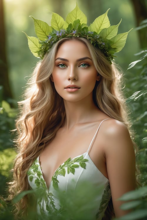 (best quality, 4k, 8k, highres, masterpiece:1.2), ultra-detailed, (realistic, photorealistic, photo-realistic:1.37), nature goddess, leaf body, portrait, greenery, wildflowers, breathtaking eyes, serene expression, graceful pose, ethereal beauty, luminous skin, flowing hair, elegant crown of leaves, soft natural light, vibrant colors, mythical essence, surreal atmosphere, dreamlike aura, harmonious connection with nature, enchanted forest.
