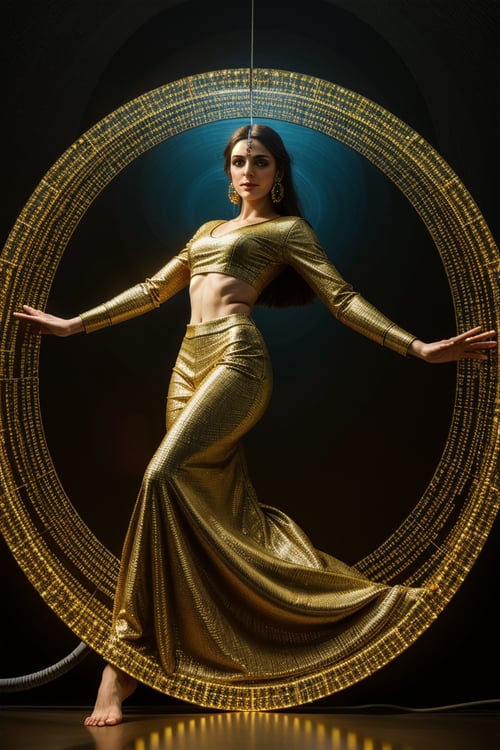 in the style of klimt, technical futuristic elements, scifi muted colors, gorgeous woman, 3d puzzle, scifi, cubism, metal, glass, acryl, abstract oil painting background, reflections, slight smile, leds, disks, topmodel, indian dance, leds, liquid metal, detail