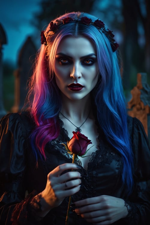 (best quality,ultra detailed), (malevolent vampire woman:1.3), (holding a dried rose:1.3), (colorful hair:1.2), (backlit:1.3), (ultra detailed face:1.3), (focus on face:1.3), (haunted cemetery environment:1.3), (bright and saturated colors:1.3), (flat colors:1.2), (screencap style:1.2), (dark and creepy atmosphere:1.3), (nightmarish vibes:1.3).