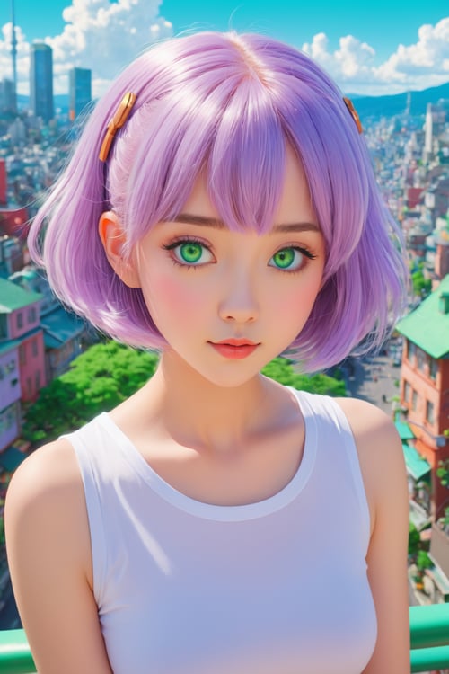 (best quality,hyper detailed), (charming illustration:1.2), (adorable adult woman:1.3), (singer idol:1.2), (sweetloli:1.3), (light purple hair:1.2), (captivating green eyes:1.3), (kawaii:1.3), (focus on detailed face:1.3), (futuristic cityscape:1.2), (fusion of Studio Ghibli and Pixar:1.3), (vibrant and bright colors:1.3), (high saturation:1.2), (midshot composition:1.2), (flat and cel-shaded aesthetic:1.3), (screencap-like realism:1.3).