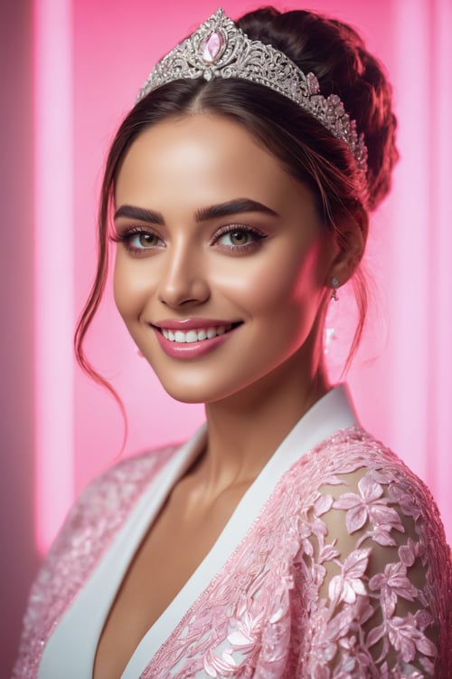 (best quality, 6K, 12k, highres, masterpiece:1.2), hyper-detailed, (cinematic realism:1.3), woman, portrait, intricate details on face and hand, captivating eyes, charming smile, modern fashionista, adorned in a stylish white and pink ensemble, illuminated by professional studio lighting.