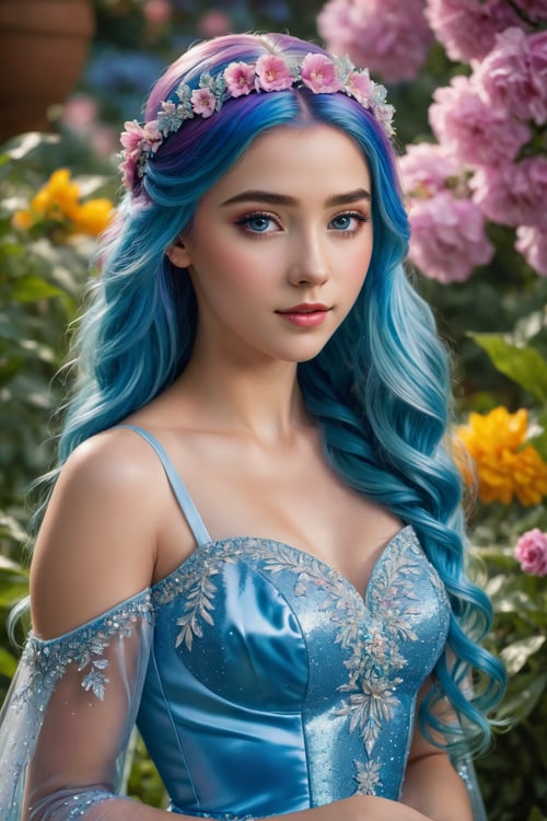 (realistic,photorealistic:1.37), (best quality,4k,8k,highres,masterpiece:1.2), ultra-detailed, portrait, Frozen princess, blue dress, rainbow hair, long hair, glitter shoes, detailed eyes, detailed lips, beautiful face, delicate features, glowing skin, happy expression, flowery garden, vibrant colors, soft lighting