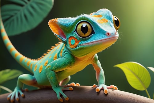 (best quality, 8K, highres, masterpiece), ultra-detailed, (character design, creature design, concept art), cute gecko with big eyes and chameleon-skin, featuring adorable cat paws. The whimsical combination of features results in a charming and imaginative portrayal of this fantastical creature.