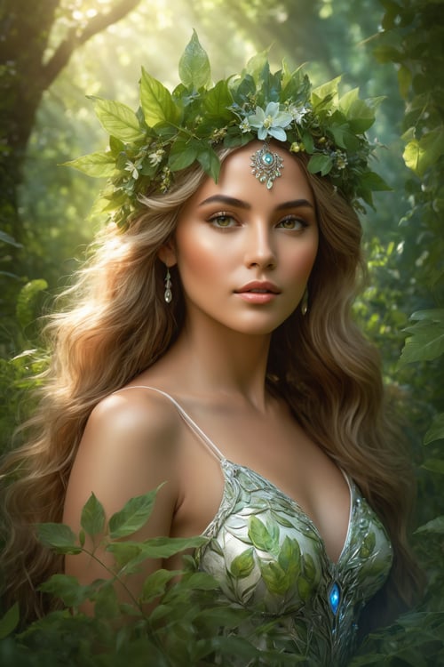 (best quality,8K,highres,masterpiece), ultra-detailed, (photorealistic, true-to-life), ethereal portrait of a nature goddess. Picture her with a body adorned in delicate leaves, surrounded by lush greenery and wildflowers. Her eyes are a breathtaking focal point, reflecting the serenity of her expression and the grace in her pose. Luminous skin, flowing hair, and an elegant crown of leaves add to her enchanting presence. Soft natural light illuminates the scene, revealing vibrant colors and creating a surreal atmosphere. The overall effect captures a harmonious connection with nature in an enchanted forest, evoking a dreamlike aura.