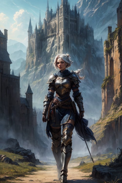 Female warrior in light armor, behind a fantasy landscape, front view