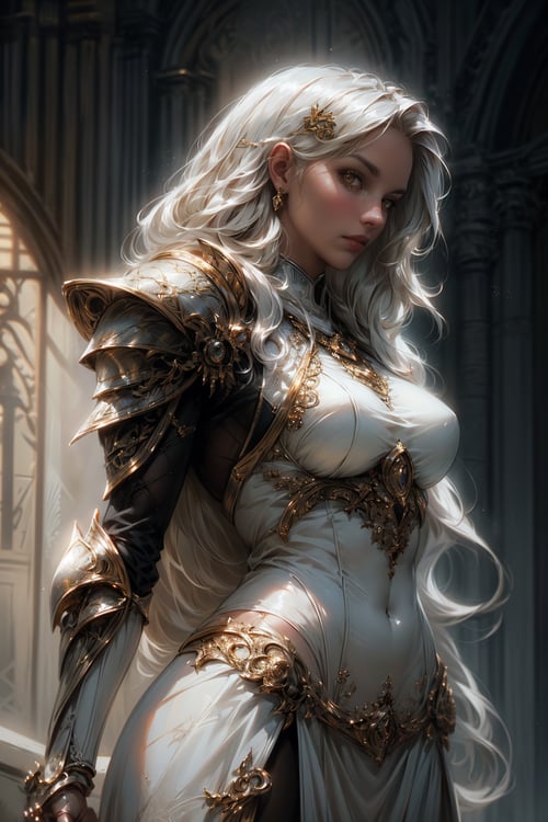 front_view, masterpiece, best quality, photorealistic, raw photo, (1girl, looking at viewer), long white hair, mechanical white armor, intricate armor, delicate gold filigree, intricate filigree, black metalic parts, detailed part, dynamic pose, detailed background, dynamic lighting, ,medieval armor
