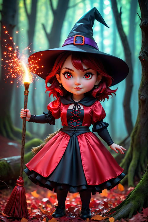 (best quality, 4k, 8k, highres, masterpiece:1.2), ultra-detailed, (realistic, photorealistic, photo-realistic:1.37), 3d, cartoon, witch, red clothes, broom, chibi style, vivid colors, colorful lighting, expressive eyes, detailed costume, dynamic pose, strong shading, spooky atmosphere, playful background, enchanted forest, sparkling magic,<lora:EMS-256928-EMS:0.800000>
