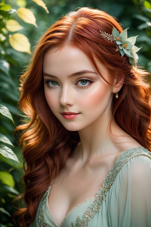 beautiful, Tatar red-haired girl, good figure, (best quality, 4k, 8k, highres, masterpiece:1.2), ultra-detailed, (realistic, photorealistic, photo-realistic:1.37), vivid colors, portraits, beautiful detailed eyes, beautiful detailed lips, extremely detailed eyes and face, long eyelashes, stylish clothes, dazzling smile, confident pose, soft lighting, flowing red hair, fair skin, graceful appearance, captivating gaze, natural beauty, striking features, delicate facial structure, elegant posture, lush red hair cascading down, Fairytale-like atmosphere, serene garden setting, subtle shadows, hint of mystery, ethereal beauty, delicate features, subtle expression of beauty, enchanting aura, sublime presence, impeccable attention to detail, warm color palette, subtle color gradients, subdued tones, rich texture, harmonious composition, mesmerizing gaze, soft, diffused lighting, romantic atmosphere.