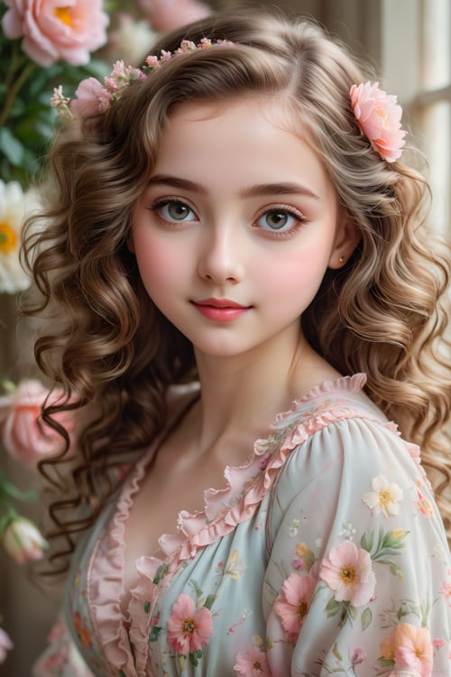 (highres, masterpiece:1.2), realistic portrait, girl with big round eyes, tiny nose and rosy lips, adorable facial expression, pale complexion, long eyelashes and thick eyebrows, soft curly hair, flowy dress with floral patterns, playful and innocent smile, beautiful natural light, soft pastel colors, vibrant background of blooming flowers, sweet and warm atmosphere, close-up shot to capture all the intricate details, happy and carefree mood, perfect balance between innocence and maturity, artistic oil painting style, delicate brushstrokes, impeccable attention to detail, emotive and lifelike portrayal, classic and timeless aesthetic
