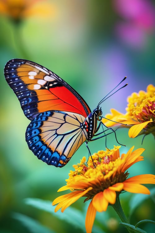 3D, macro photography, butterfly in vivid colors, ultra-detailed(beautiful, intricate) wings, delicate(breathtaking) patterns, iridescent colors, realistic(close-up, detailed, lifelike) texture, vibrant(colorful) flowers, natural(blurred) background, soft(natural) lighting, highres(masterpiece:1.2), bokeh.