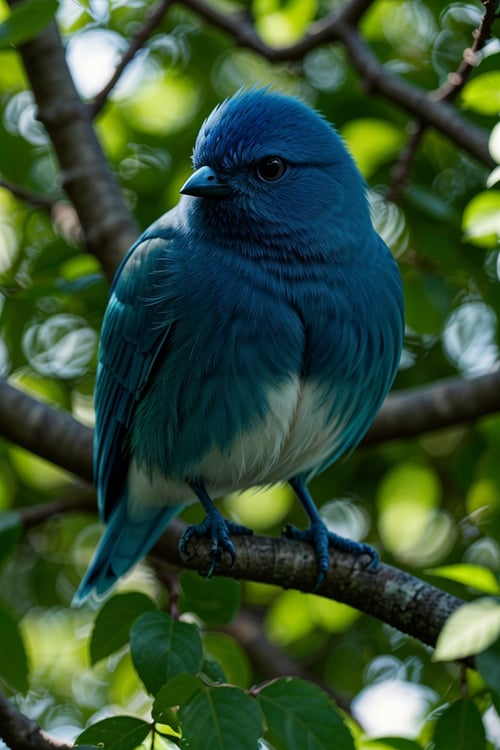 (blue bird), (sitting on a tree branch), (close up), (photorealistic), (detailed feathers), (vivid colors), (soft sunlight), (nature backdrop), (bokeh), (ultra-detailed eyes), (sharp focus), (realistic textures:1.1), (fine details), (crisp outlines), (high definition), (lush green leaves), (intense blue sky), (slightly blurred background),