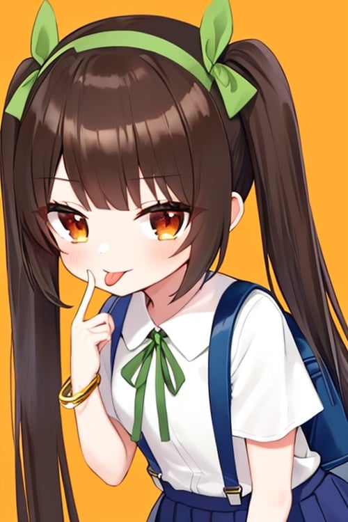 (masterpiece),(best quality), 


1girl, solo, long hair, looking at viewer, skirt, simple background, brown hair, shirt, black hair, red eyes, ribbon, twintails, brown eyes, jewelry, school uniform, hair ribbon, white shirt, upper body, short sleeves, hairband, tongue, collared shirt, hand up, tongue out, bag, star (symbol), bracelet, red ribbon, neck ribbon, backpack, suspenders, :p, orange background, green ribbon, suspender skirt, akanbe