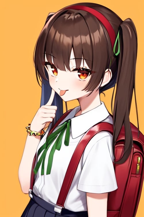 (masterpiece),(best quality), 


1girl, solo, long hair, looking at viewer, skirt, simple background, brown hair, shirt, black hair, red eyes, ribbon, twintails, brown eyes, jewelry, school uniform, hair ribbon, white shirt, upper body, short sleeves, hairband, tongue, collared shirt, hand up, tongue out, bag, star (symbol), bracelet, red ribbon, neck ribbon, backpack, suspenders, :p, orange background, green ribbon, suspender skirt, akanbe
