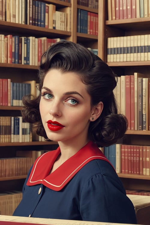 ((upper body portrait)),Photography by Garry Winogrand, a beautiful busty young ((black woman) Wearing Navy Blue Berets,Sporting Victory Rolls Hairdo,Inside a 1950s Public Library: Packed bookshelves,  librarian, chocolate color skin, highly detailed face,red lipstick, (simple background,dark background):1.2, 1960s style,retro,vintage,old photo style,vibrant colors,, epiCRealism,