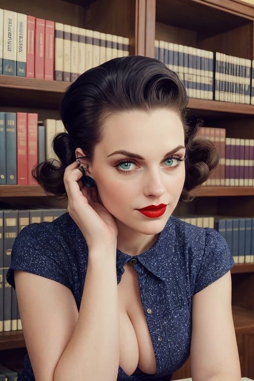 ((upper body portrait)),Photography by Garry Winogrand, a beautiful busty young woman Wearing Navy Blue Berets,Sporting Victory Rolls Hairdo,Inside a 1950s Public Library: Packed bookshelves, green-topped tables, librarian, pale skin,highly detailed face,red lipstick, (simple background,dark background):1.2, 1960s style,retro,vintage,old photo style,vibrant colors,, epiCRealism,