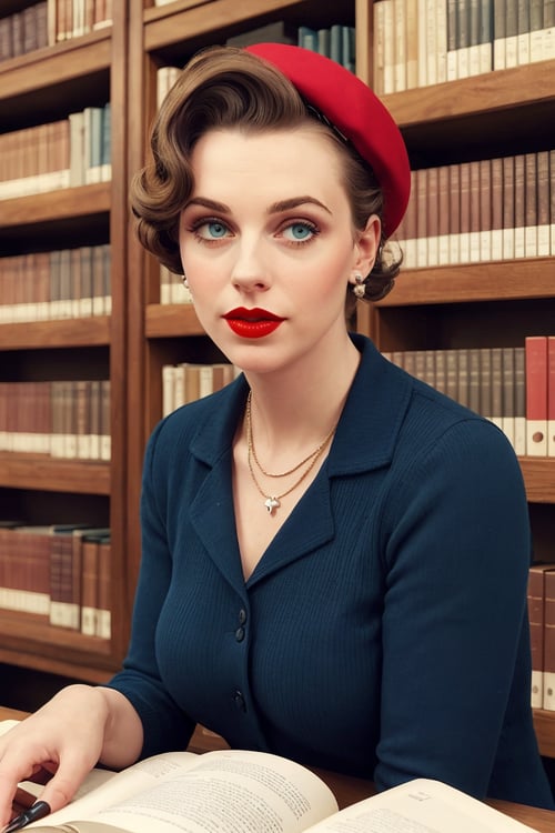 ((upper body portrait)),Photography by Garry Winogrand, a beautiful busty young woman Wearing Navy Blue Berets,Sporting Victory Rolls Hairdo,Inside a 1950s Public Library: Packed bookshelves, green-topped tables, librarian, pale skin,highly detailed face,red lipstick, (simple background,dark background):1.2, 1960s style,retro,vintage,old photo style,vibrant colors,, epiCRealism,