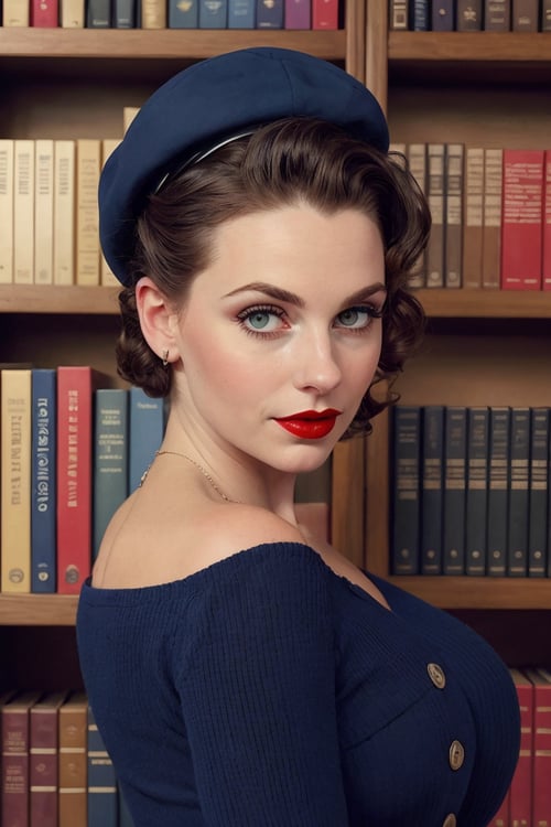 ((upper body portrait)),Photography by Garry Winogrand, a beautiful busty young black woman Wearing Navy Blue Berets,Sporting Victory Rolls Hairdo,Inside a 1950s Public Library: Packed bookshelves,  librarian, highly detailed face,red lipstick, (simple background,dark background):1.2, 1960s style,retro,vintage,old photo style,vibrant colors,, epiCRealism,