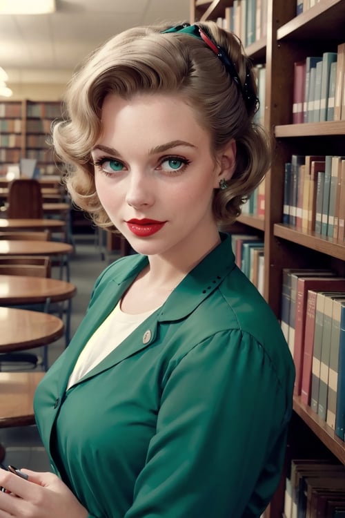((upper body portrait)),Photography by Garry Winogrand, a beautiful busty young woman Wearing 1960's clothing,Sporting Victory Rolls Hairdo,Inside a 1950s Public Library: Packed bookshelves, green-topped tables, librarian, pale skin,highly detailed face,red lipstick, (simple background,dark background):1.2, 1960s style,retro,vintage,old photo style,vibrant colors,
