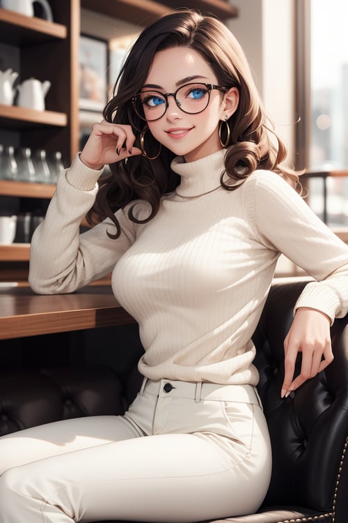 handsome Brazilian female model,lady,Katrina, blue eyes sitting in a cafe,bokeh,smile, long curly hair, high neck inner white tight shirt, cream sweater, chino pants, thin round glasses,