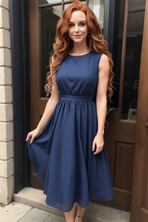 sfw, Beautiful 35 year old woman, long wavy red hair,  dark blue  dress